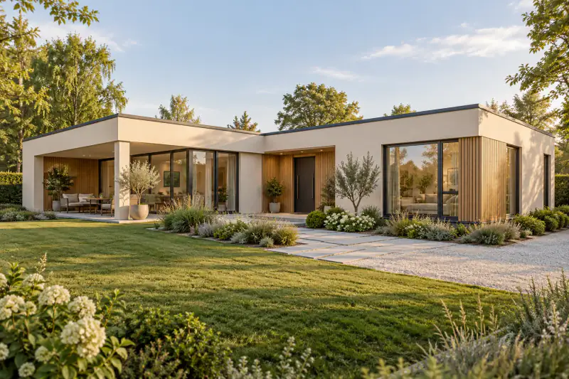 KI-generierte Visualisierung: Bungalow in Stahl-Leichtbauweise