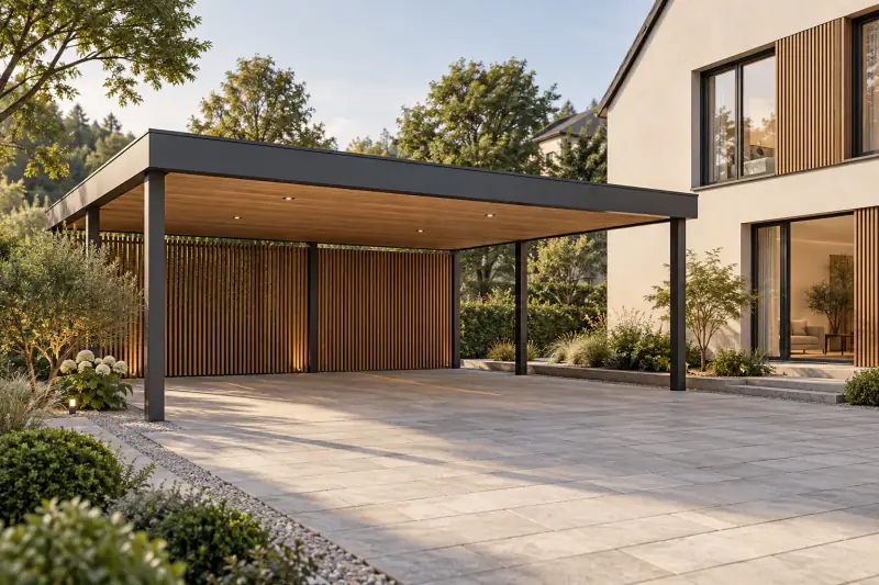KI-generierte Visualisierung eines Doppelcarports mit Flachdach auf dunklen Stahlstützen, Holzlamellen und gepflasterter Zufahrt