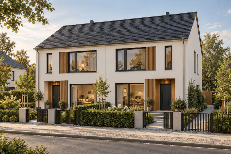 KI-generierte Visualisierung: Doppelhaus in Stahl-Leichtbauweise