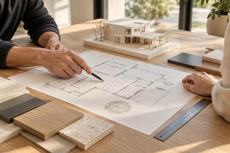 KI-generierte Szene: Hände über einem Grundrissplan, daneben ein Architekturmodell und Materialmuster