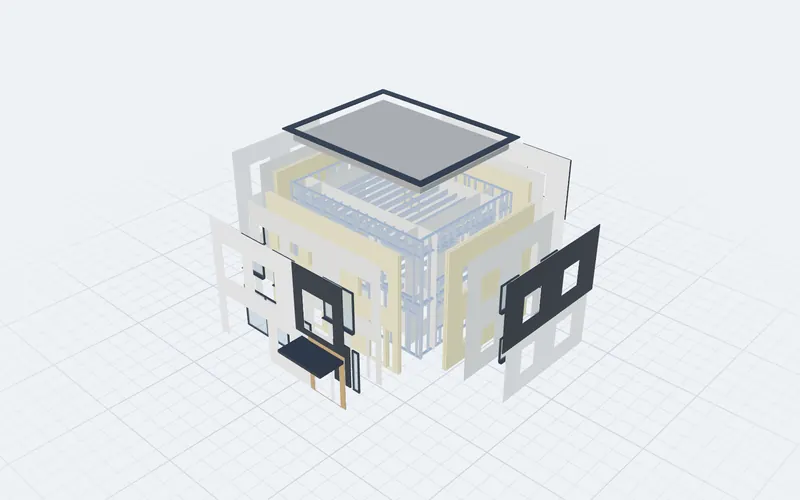 3D-Visualisierung: Explosionszeichnung eines zweigeschossigen Hauses in Stahl-Leichtbauweise mit Bodenplatte, Stahltragwerk, Dämmung, Beplankung, Fenstern, Fassade und Dach